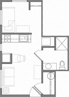 Floor plan for 1 bed, 1 bath, 679 sqft
